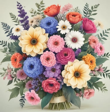 A round cake decorated with swirls of cream and red and yellow fruit sits on a bright blue surface. Beside it, a black packaging from a floral shop contains white flowers with green foliage, partially visible. There is also a small white card attached to the packaging.