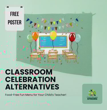 Free classroom celebration alternatives poster for teachers with colorful party decorations and bunt