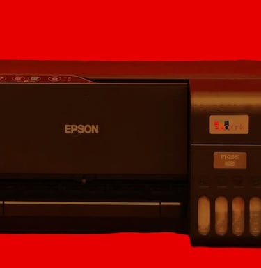 a printer printer with a red background and a black and white printer