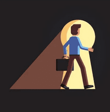 a man holding a suitcase is entering a keyhole