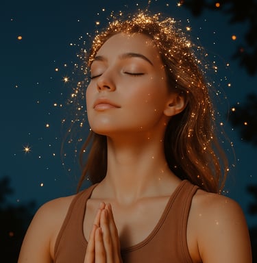 Mujer relajada meditando luz dorada representa bienestar, calma y equilibrio tratamientos wellness