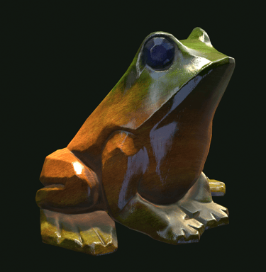“3D rendering of a wooden frog facing southwest, featuring a tan belly and legs, with green accent