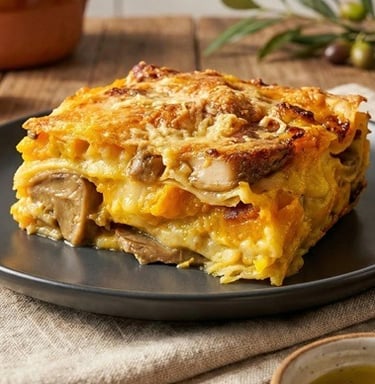 Creamy pumpkin lasagna - With béchamel, brie & mushrooms