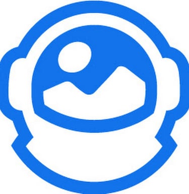 a blue and white logo with a picture of a man in a helmet