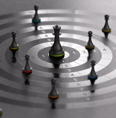 Chess pieces on a target board illustrating strategic leadership principles.