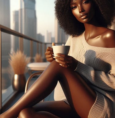 Black woman sitting by window with tea, peaceful moment of reflection and healing