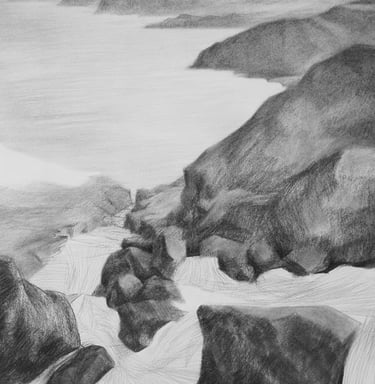a drawing of a rocky beach with rocks and water