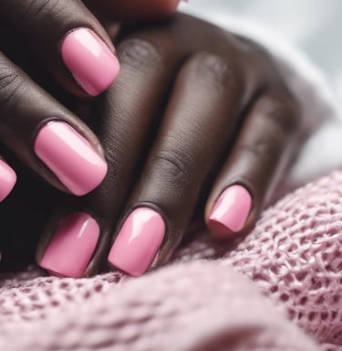 person with pink manicure on white textile