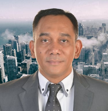 a man in a suit and tie with a cityscapeople in the background