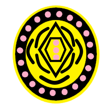 a yellow and black circular chakra design with a yellow and pink flower