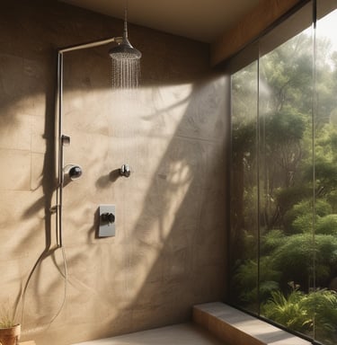 A bathroom scene with a white sink and a chrome faucet. There's a woven basket holding two soap dispensers on the sink. The wall behind the sink is covered with white tiles, and there's a mirror on the wall reflecting part of the room. A shower curtain with a black and white cityscape design is partially visible.
