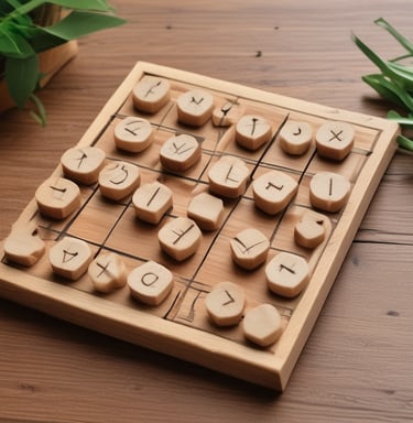 A family gathered around the table playing the wooden parcheesi set, sunlight casting warm shadows.