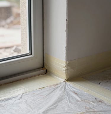Close-up detail of a sealed joint where protective floor sheeting meets a taped door frame on a demolition site, clean tape lines precisely applied, natural daylight from the left, sharp focus on the containment edge, no debris visible beyond the sealed boundary