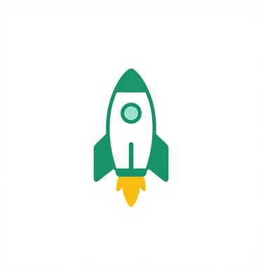 Flat vector illustration of a green and white rocket ship launching with a yellow flame.