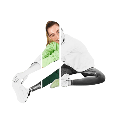 Smiling woman athlete with a prosthetic leg stretching in sportswear.