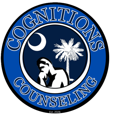 Cognitions Counseling logo featuring a thinking silhouette, palmetto tree, and crescent moon in a blue circle.