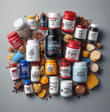 A vibrant display of protein powders and shaker bottles on a wooden gym bench.