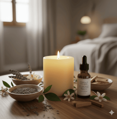 Una botella de aceite esencial de aromaterapia y una vela encendida sobre una mesa con lavanda