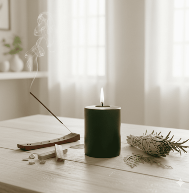 Una vela negra tipo pilar, una varilla de incienso encendida y un atado de salvia 