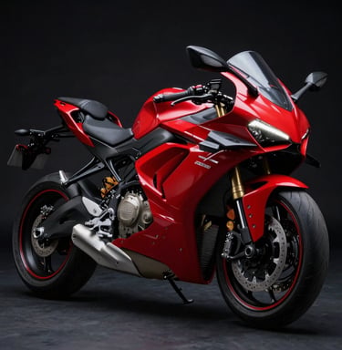 A sleek red sport motorcycle parked on a dark urban street at dusk, highlighting its sharp lines and aggressive stance.