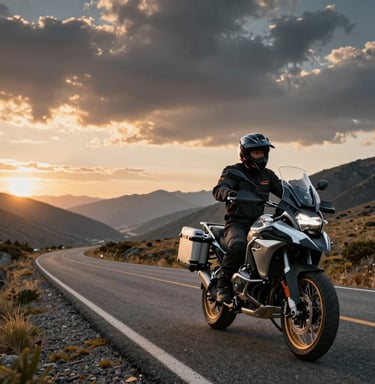 A touring motorcycle equipped with saddlebags and a windshield, parked beside a scenic coastal highway.