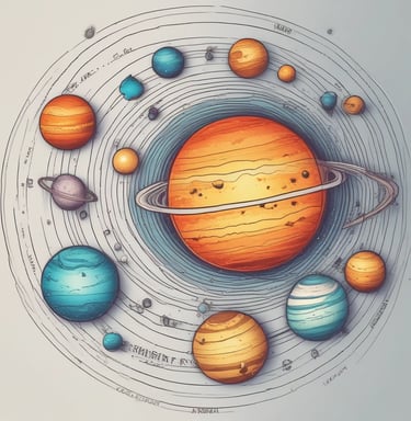 A glowing solar system map showing planets aligned with constellation backgrounds.