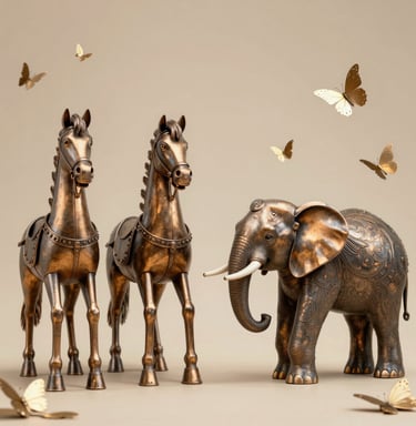 A beautifully crafted wooden elephant figurine with intricate carvings, placed on a rustic wooden shelf.