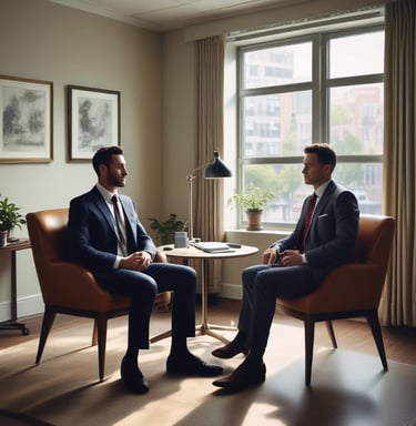 A warm, inviting therapy room with comfortable chairs and soft lighting.