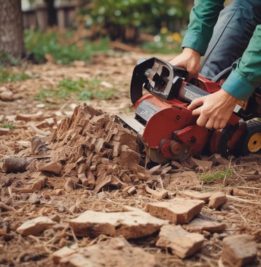 Workers clearing fallen branches and debris from a yard after a heavy storm.