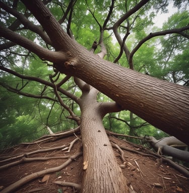 Workers clearing fallen branches and debris from a yard after a heavy storm.