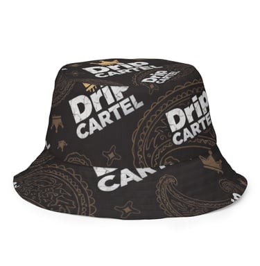 Reversable Black bucket hat with white Drip Cartel logo and brown paisley streetwear patterns.