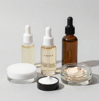 A sleek workspace with distilled water bottles, tinctures, and bases ready for crafting perfumes.