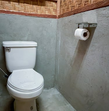 Rustic bathroom featuring a white toilet against concrete walls with bamboo woven accents.