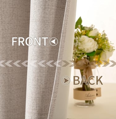 Close-up showing the front and back texture of a grey linen blackout curtain panel next to a flower vase.