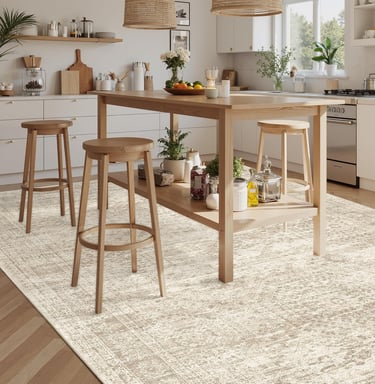 Neutral distressed area rug in a bright modern kitchen with a wooden island and stools.