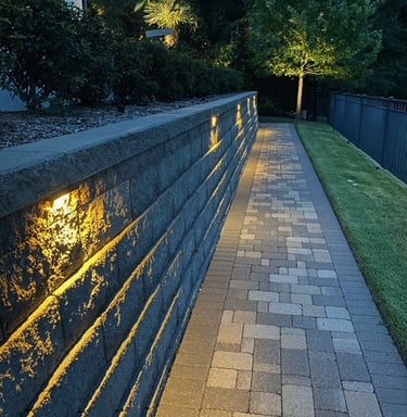 Illuminated stone paver walkway with landscape lighting embedded in a retaining wall.