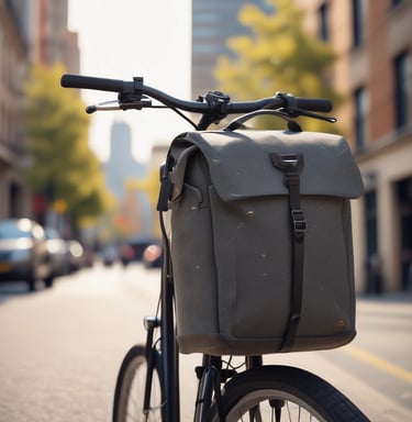 A stylish backpack hanging on a bike handlebar, made from rugged materials perfect for daily urban adventures.