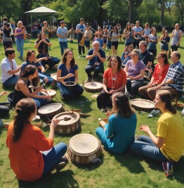 Close-up of hands gently playing a traditional drum during a workshop.