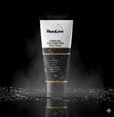 HexaLove Charcoal Luxe face wash product standing with mist on dark background, combo pack offer
