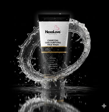 HexaLove Charcoal Luxe face wash tube with water splash on black background