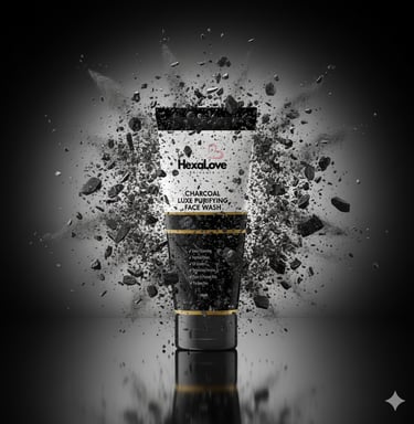 HexaLove Charcoal Luxe face wash surrounded by charcoal dust effect on dark background