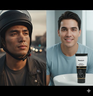 Young man holding HexaLove Charcoal Luxe face wash, customer testimonial shot