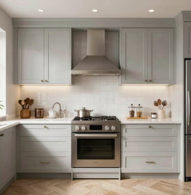 Professional spraying equipment applying even coats of paint to kitchen cabinets.