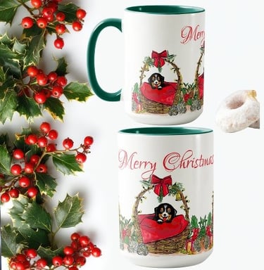 a couple of mugs with a dog in a basket