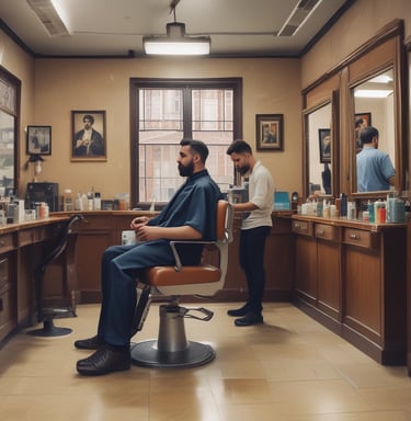 A man in a barber shop or salon is pouring some type of grooming product into his hand while looking in the mirror. The setting is a well-organized salon with various hair and grooming products neatly arranged on shelves. He is wearing a white shirt with rolled-up sleeves, a tie, and a vest, giving a professional appearance.
