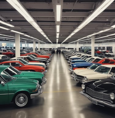 An image of a damaged car in a salvage yard surrounded by tools.