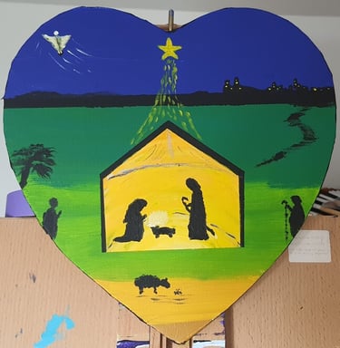 Réf : NAT240906. Au cœur de la nativité. Châssis bois compressé et toile, 29x30cm. 50€.