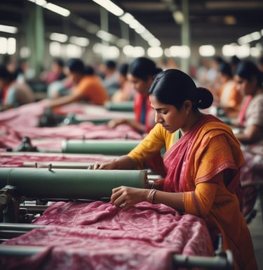 Two women wearing white lab coats are standing in a factory setting, holding bags of candies or goods. A large table covered with numerous small packages is in front of them. Boxes labeled 'Vancouver' and 'Jamaica' are nearby, suggesting packaging or distribution activities. The background features industrial equipment and shelves.