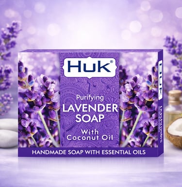 Huk purifying lavender bar soap with coconut oil and essential oils in a floral purple box.