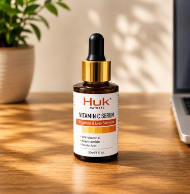 Huk Natural Vitamin C Serum bottle with niacinamide and ferulic acid on a wooden desk near a plant.